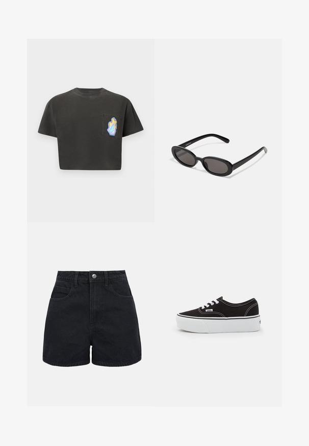 Sort crop-top t-shirt med korte ærmer, der har en venstre brystlomme dekoreret med et farverigt flamme- og geometrisk mønster.; Sorte denimshorts med høj talje, frontknap, bæltestropper og to forlommer på en ensfarvet hvid baggrund.; Sort lærred sneakers med en hvid gummi platform sål, der har hvide snørebånd og syninger, ikonisk branding på siden, lav-top design.; Even&Odd by Zalando Solbriller - black