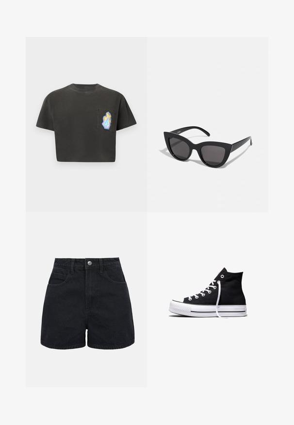 Sort crop-top t-shirt med korte ærmer, der har en venstre brystlomme dekoreret med et farverigt flamme- og geometrisk mønster.; Sorte denimshorts med høj talje, frontknap, bæltestropper og to forlommer på en ensfarvet hvid baggrund.; Sort high-top canvas sneaker med hvid gummisål og hvide snørebånd, vist fra siden mod en hvid baggrund.; Sorte cat-eye solbriller med mat finish, der har grå tonede linser, skarpe vinkler og slanke sidearme. Mærkenavnet er synligt på den indre arm.