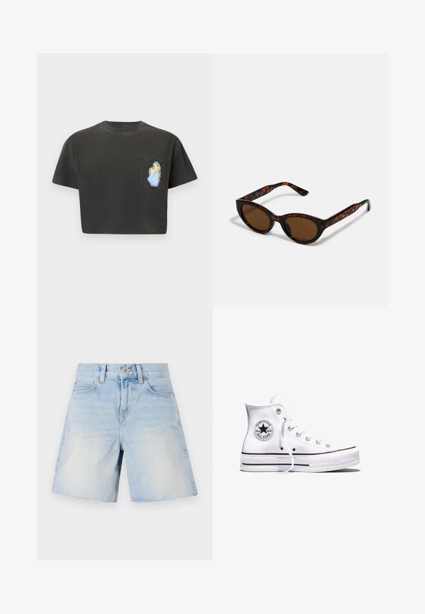 Zwart cropped t-shirt met korte mouwen, voorzien van een borstzakje aan de linkerkant met een kleurrijk ontwerp van vlammen en geometrische vormen.; Lichtblauwe denim shorts met een hoge taille, vijf zakken en een knoopsluiting. Heeft subtiele vervaging en stevige stiksels.; Witte Converse Chuck Taylor All Star sneaker met hoge schacht, zwarte strepen en logo-patch aan de zijkant, weergegeven tegen een effen witte achtergrond.; Bruine schildpad zonnebril met een vintage cat-eye vorm en bruine lenzen. Heeft gebogen armen met rode accenten.