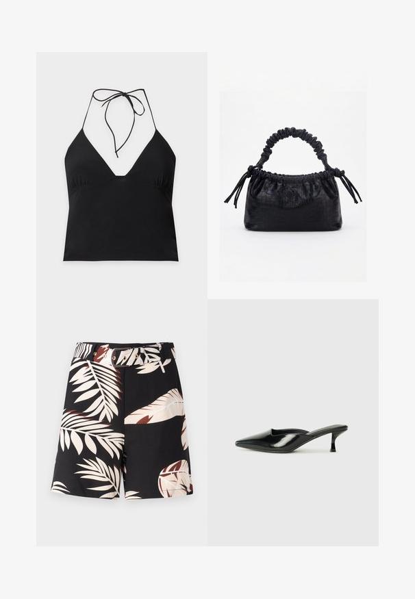 Μαύρο crop top με halter, βαθύ V-λαιμόκοψη και λεπτές τιράντες δεμένες φιόγκο στον λαιμό σε μονόχρωμο φόντο.; Μαύρο σορτσάκι με τροπικό σχέδιο φύλλου σε μπεζ και οξειδωμένα χρώματα. Διαθέτει αντίστοιχο ζωνάκι με χρυσά αξεσουάρ και κλασική γραμμή.; Μαύρες πατέντες λουστρίνι μούλες με μυτερή μύτη, χαμηλό τακούνι τύπου kitten και καμπύλες πλευρές, διαθέτοντας γυαλιστερή επίφανση και μινιμαλιστικό σχέδιο.; Μαύρη τσάντα με υφή κροκοδείλου, με πτυχώσεις στην πάνω άκρη, μαζεμένη λαβή και κορδόνια με φούντες σε κάθε πλευρά, πάνω σε λευκό φόντο.