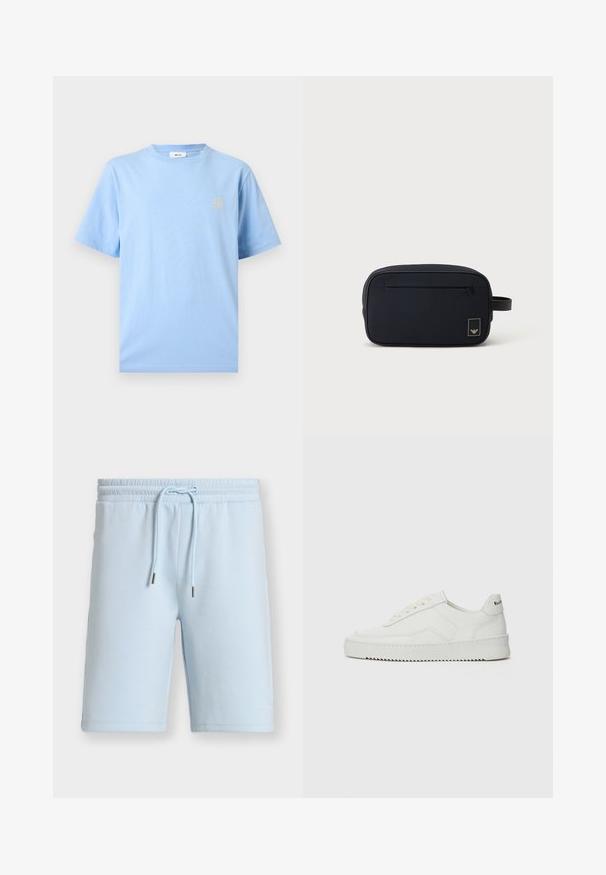 T-shirt en coton bleu clair à manches courtes avec col rond et petite broderie blanche d'un trèfle à quatre feuilles sur le côté gauche de la poitrine.; Shorts bleu clair longueur genou avec taille élastique et cordon, avec un texte embossé discret près de l’ourlet inférieur sur la jambe gauche.; Baskets en cuir blanc avec une finition lisse, bout arrondi, lacets plats et semelle texturée. Présente un logo discret sur le talon.; Trousse de toilette rectangulaire noire avec poche zippée à l'avant et petit patch logo, avec une poignée latérale.