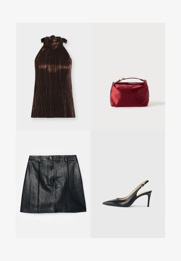 Mouwloos metallic donkerbruin geplooid haltertopje met een gedraaide knoopdetail bij de halslijn, afgebeeld op een witte achtergrond.; AERON RUDENS SKIRT - A-lijn rok - black; Zwarte leren slingback-hakken met een spitse neus, verstelbare band en een elegante stiletto-hak, met een gladde afwerking.; Bordeaux satijnen cosmetica tas met een rechthoekige vorm, ritssluiting en een kort handvat. Beschikt over een minimalistisch ontwerp en een gladde textuur.