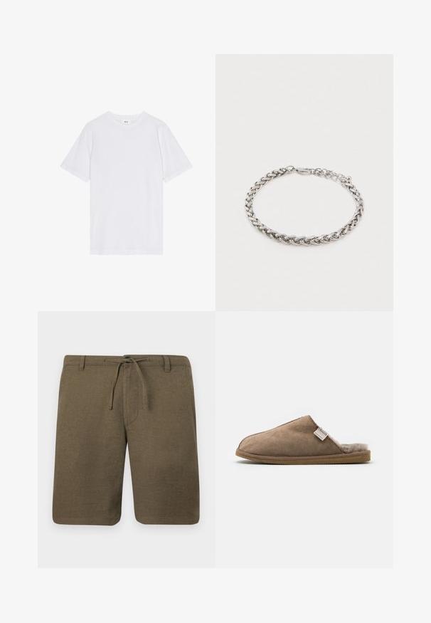 Weißes T-Shirt, kurze Ärmel, Rundhals, aus Baumwolle, mit einer glatten Textur, geradem Saum und einem minimalistischen Design ohne Muster.; Olivgrüne Leinen-Shorts mit flachem Frontschnitt, Kordelzugbund und seitlichen Taschen; strukturierter Stoff mit lockerer, lässiger Passform.; Brauner Wildlederschuh mit einem weichen, cremefarbenen Fellfutter. Verfügt über ein abgerundetes, offenes Design und eine strukturierten Gummisohle.; Silberne gedrehte Kettenarmband mit Karabinerverschluss und verstellbaren Gliedern auf einem schlichten weißen Hintergrund.