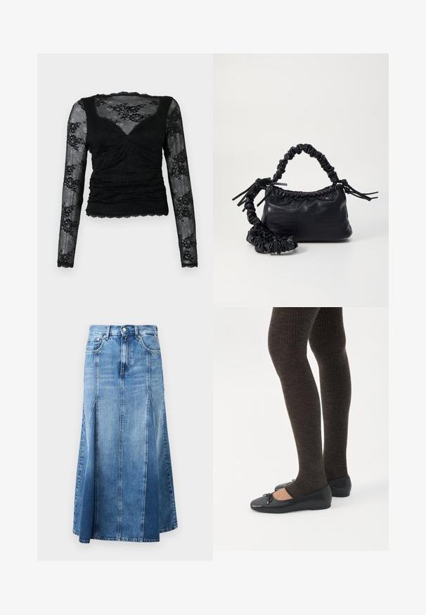Top negro de manga larga hecho de encaje, con un diseño fruncido y bordes festoneados, con patrones florales en las mangas y un escote en V.; Falda de mezclilla con un degradado de azul claro a oscuro, hasta la rodilla, de corte recto, con aberturas frontales y cierre clásico de botones y cremallera.; Piernas con leggings oscuros acanalados combinados con bailarinas negras que presentan pequeños detalles de lazo sobre un fondo blanco.; Bolso de mano de imitación cuero negro con textura de cocodrilo, parte superior fruncida y correa arrugada. Presenta un diseño suave y compacto.