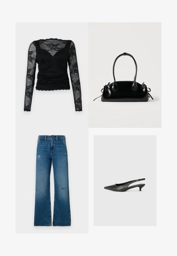 Top negro de manga larga hecho de encaje, con un diseño fruncido y bordes festoneados, con patrones florales en las mangas y un escote en V.; Jeans de mezclilla azul de piernas anchas con una textura desgastada, que presentan dos áreas desgastadas en la parte frontal, un cierre de botón y diseño de cinco bolsillos.; Zapato de tacón slingback negro de punta afilada, hecho de cuero suave. Presenta un tacón delgado y un detalle de hebilla en la correa ajustable.; Pequeño bolso negro brillante con dos asas largas y detalles de cordón lateral sobre un fondo claro liso.