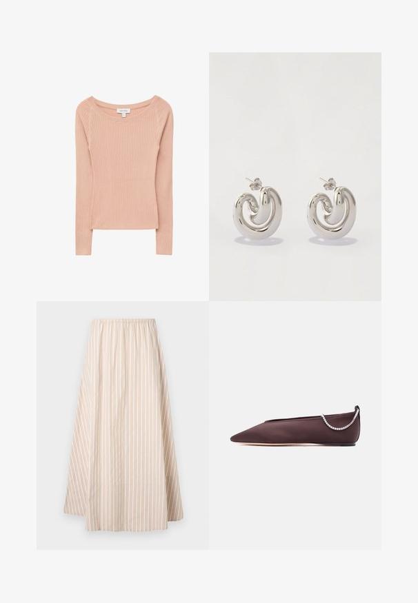 Haut à manches longues rose clair côtelé avec un large décolleté. Le tissu est texturé avec des lignes verticales et présente une silhouette ajustée.; Jupe beige en ligne A avec des rayures verticales blanches, taille élastique et longueur genou à mi-mollet.; Chaussure plate marron foncé à bout pointu avec un petit talon et un détail chaîne en strass argentée à l'arrière.; Boucles d'oreilles en métal argenté avec un design tourbillonnant, présentant des surfaces lisses et une finition polie, maintenues par un fermoir en papillon.