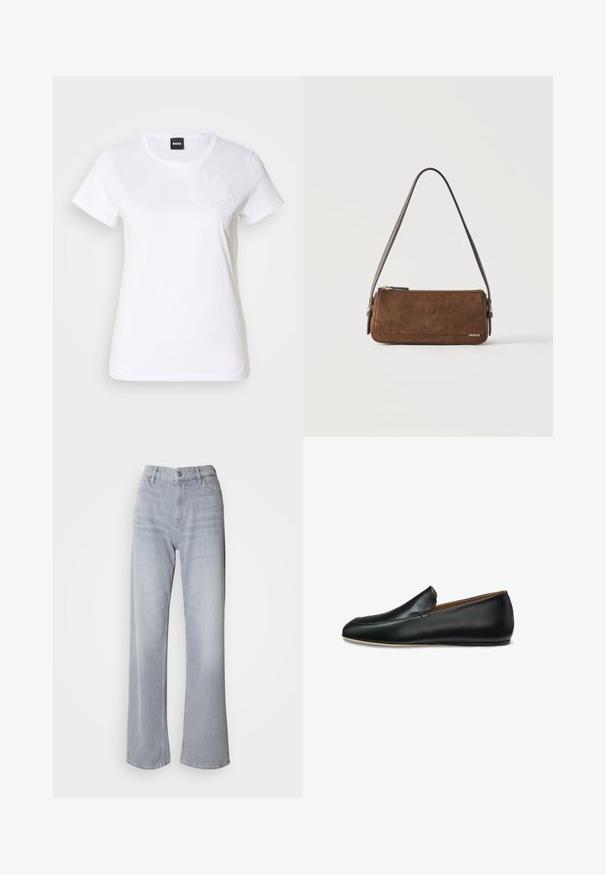 Camiseta de algodón blanca con mangas cortas. Presenta bordados florales tonales en el lado izquierdo del pecho. Diseño clásico de cuello redondo.; Jeans de pernera ancha en gris claro, con cintura alta, hechos de denim. Presentan bolsillos frontales, cremallera y un leve desvanecimiento por toda la prenda.; Mocasín negro de cuero sin cordones con punta redondeada y suela baja y plana visto de perfil sobre fondo blanco.; Pequeño bolso rectangular de ante marrón con una correa delgada de color marrón oscuro y cremallera dorada, con la marca "HUGO" en la esquina.