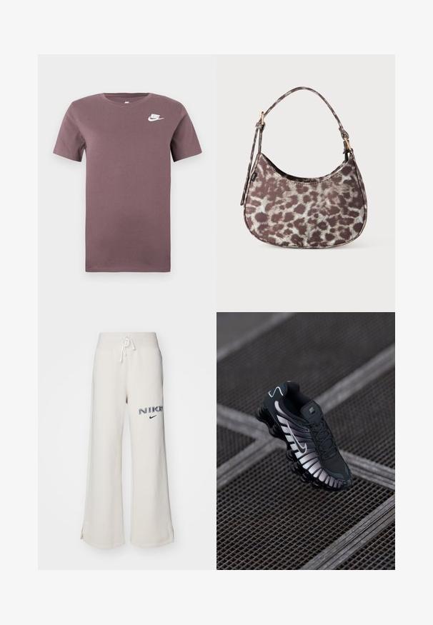 Violetti Nike lyhythihainen pyöreäkaula-paita, jossa on valkoinen Nike-logo vasemmassa rinnassa, tasaisella taustalla.; Vaaleanbeige leveät verkkahousut, joissa on joustava vyötärö, nauhakuja, sivuaukot ja tummansinisellä kirjailtu "NIKE" -logo.; Musta urheilukenkä, jossa on teksturoitu verkkopohja, hopeiset yksityiskohdat, kaaren tuki ja pehmeä pohja, jossa on selkeäSegmentoitu muotoilu.; Pieni käsilaukku, jossa on tummanruskea ja vaaleabeige eläinkuosi sekä lyhyt olkahihna valkoisella taustalla.