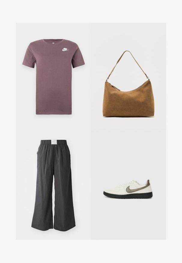 Lilla Nike kortærmet crew neck t-shirt med hvidt Nike-logo på venstre bryst mod en ensfarvet baggrund.; Sort og grå stribede bukser med bred ben, elastisk talje og et Nike-logo på bagsiden. Letvægtsstof, løs pasform design.; Nike Sportswear FIELD GENERAL - Sneakers - off-white/black; Brun skuldertaske i ruskind med enkelt rem og lynlås øverst, vist mod en ensfarvet hvid baggrund.