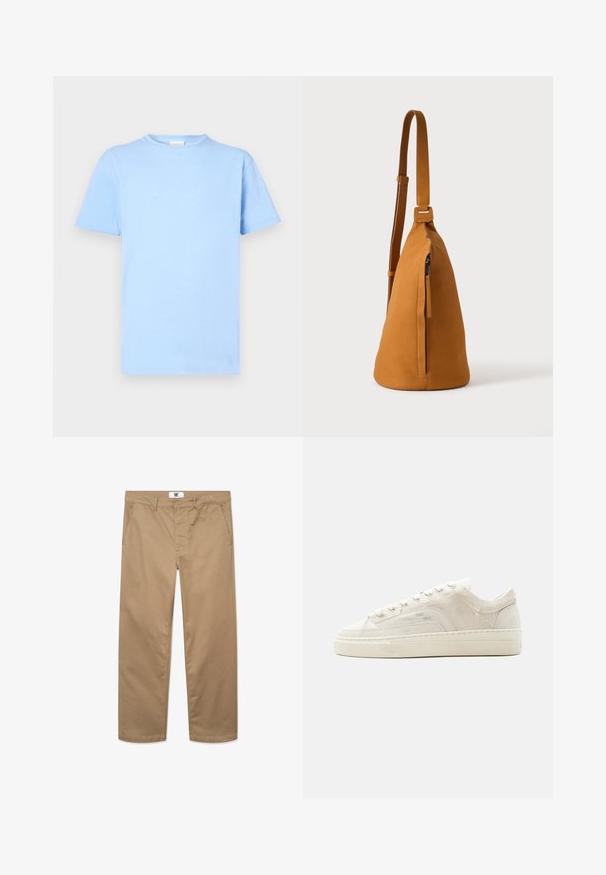 Lyseblå kortærmet t-shirt lavet af blødt stof. Rund halsudskæring, lige kant og minimal tekstur. Ingen mønstre eller detaljer.; Kakhifarvede bomuldsbukser med lige ben, der har en enkelt knaplukning, bæltestropper og to sidelommer. Glat tekstur.; Hvid lavtop sneaker med snørelukning, tekstureret stofoverdel og tyk gummisål vist fra ydersiden på en ensfarvet baggrund.; Tan læder crossbodytaske med justerbar rem og lodret lynlåslomme, vist fra siden mod en ensfarvet lys baggrund.