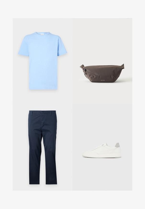 Lyseblå kortærmet t-shirt lavet af blødt stof. Rund halsudskæring, lige kant og minimal tekstur. Ingen mønstre eller detaljer.; Mørkeblå bomuldsbukser med lige snit, forsynet med bæltesløjfer og lynlås, glat tekstur og pæne kanter i bunden.; Hvid lavtop-sneaker med gråt hælflig, hvide snørebånd og tekstureret sål, vist på en ensfarvet lys baggrund.; Mørkebrun stof talje taske med diagonalt lynlåslomme og lille hvidt logo på fronten, sat mod en ensfarvet lys baggrund.