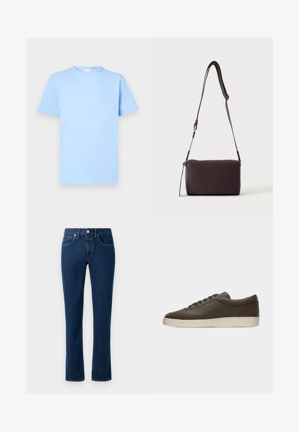 T-shirt bleu clair à manches courtes fabriqué en tissu doux. Col rond, ourlet droit et texture minimale. Sans motifs ni accents.; Jean en denim bleu foncé avec un design slim à jambe droite, style classique à cinq poches et fermeture à bouton à la taille.; Baskets basses en cuir marron foncé avec lacets sur le devant et semelle en caoutchouc couleur crème, vues de côté extérieur sur fond blanc.; Sac bandoulière en cuir marron foncé texturé avec une sangle réglable et un petit accent décoratif bleu sur le côté.