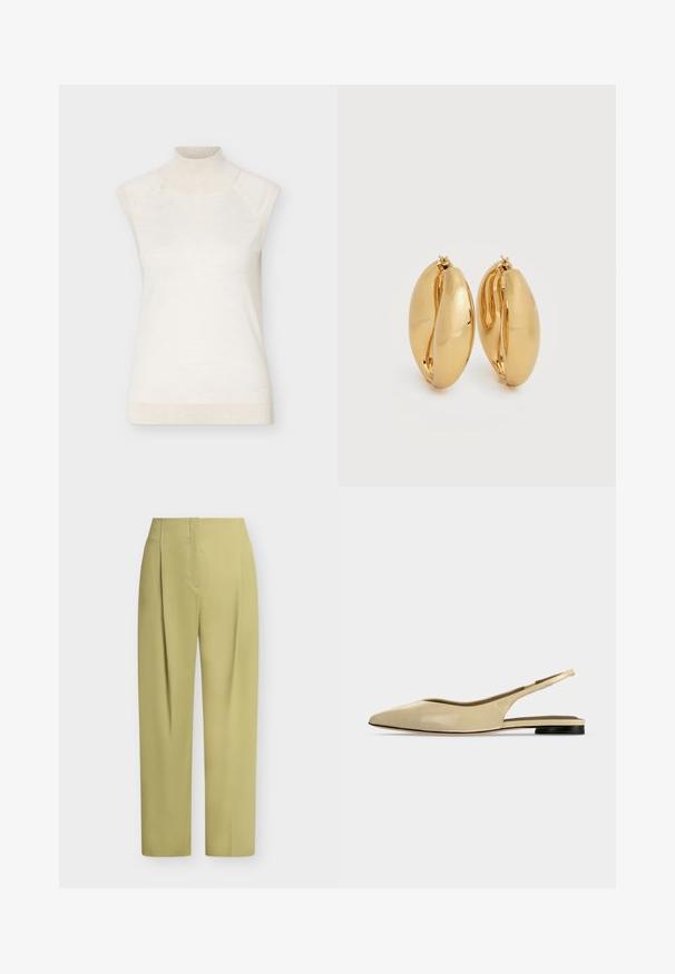 Pull sans manches à col roulé crème avec col et ourlet côtelés, présenté sur un fond clair uni.; Pantalon taille haute à jambe droite, vert olive clair, avec plis sur le devant et fermeture avant dissimulée sur fond blanc.; Chaussure plate beige à bout pointu avec bride arrière, petit talon noir et finition en cuir lisse, vue de côté sur un fond uni.; Paire de boucles d'oreilles épaisses en forme de créoles, effet or poli, avec un design légèrement ovale et massif, dotées de fermoirs à charnière sur fond blanc.