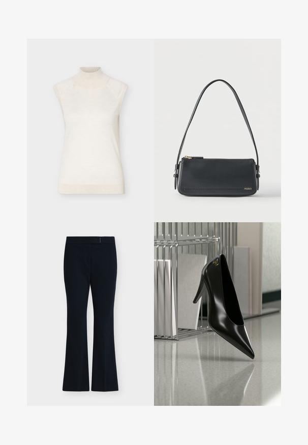 Pull sans manches à col roulé crème avec col et ourlet côtelés, présenté sur un fond clair uni.; Pantalon noir évasé avec une taille cintrée et un devant plat, présenté sur fond clair uni.; Chaussure noire à talon haut avec bout pointu et logo doré, posée sur une surface réfléchissante près d'un organiseur de dossiers en fil chromé contenant des documents.; Sac à bandoulière rectangulaire en cuir noir avec fermeture éclair dorée et petit logo "HUGO" doré sur le devant, doté d'une sangle réglable avec boucle.