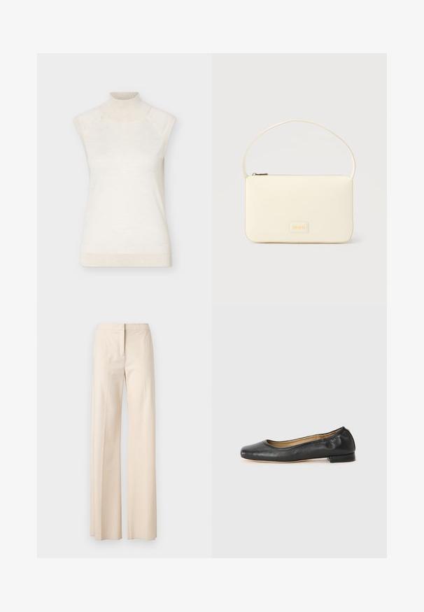 Pull sans manches à col roulé crème avec col et ourlet côtelés, présenté sur un fond clair uni.; Pantalon beige à jambes larges avec une texture lisse, design ajusté et fermeture avant dissimulée. Pas de poches visibles ni d'ornements.; Ballerines en cuir noir avec un bout arrondi et des coutures minimales. Talon bas et rectangulaire avec une texture lisse. Détails subtils de doublure intérieure.; Sac à main rectangulaire de couleur crème avec une seule sangle et une fermeture éclair sur le dessus, comportant une petite plaque de logo embossé à l'avant.