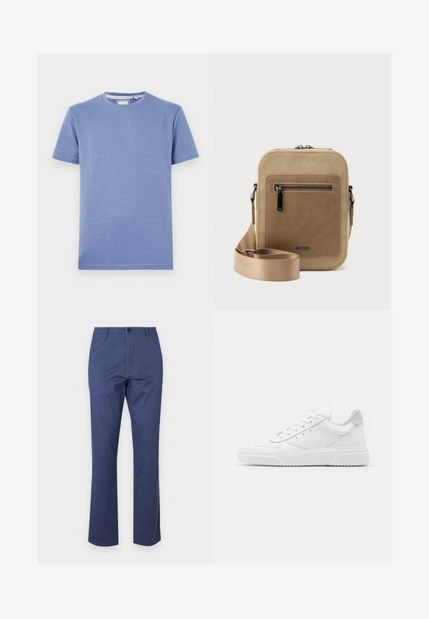 T-shirt à manches courtes bleu clair en tissu texturé, présentant un motif à carreaux et un col rond. Texture lisse et douce.; Pantalon en coton bleu marine avec une fermeture éclair, poches avant et une coupe droite. Texture lisse avec une fermeture à bouton à la taille.; Des baskets en cuir blanc avec une finition lisse, un bout rond, des lacets plats et une semelle texturée. Accents en daim gris au niveau du talon.; Petit sac bandoulière beige avec poche avant zippée, logo métallique ALDO, sangle large ajustable et forme rectangulaire arrondie sur fond blanc.