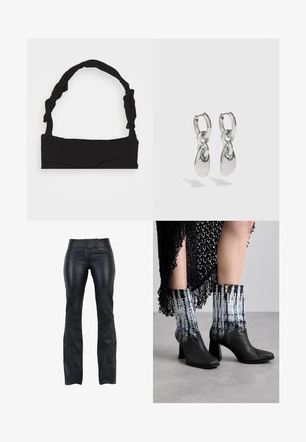 Sort cropped top med et snoet stofskulderrem. Designet har et glat, strækbart materiale og en enkel, rektangulær form.; Sorte læderbukser med slim fit, flad talje og udskæring i bunden. Glat tekstur og minimalistisk design uden synligt hardware.; Sorte læder ankelstøvler med en klodsset hæl, der har et særligt blåt talmønster og en sidelukning med lynlås.; Sølvøreringe med forlængede ovale led, der har en poleret overflade og en struktureret dråpevedhæng. Enkel design med glatte kanter.