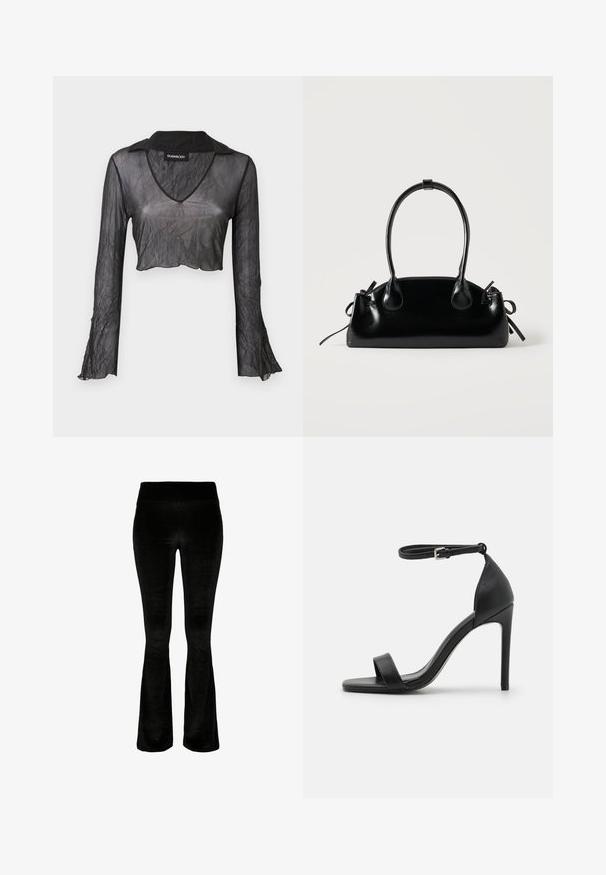Top corto negro transparente de manga larga con escote en V, que presenta una textura arrugada y detalles de encaje en las mangas.; Pantalones acampanados negros en tejido suave de terciopelo. Cintura alta y textura lisa. El diseño presenta un corte acampanado desde la rodilla hacia abajo.; Sandalia de tacón alto negra con un diseño elegante, que cuenta con una correa en el tobillo, punta abierta y una textura de cuero suave.; Pequeño bolso negro brillante con dos asas largas y detalles de cordón lateral sobre un fondo claro liso.