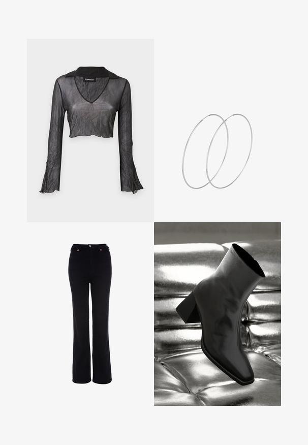 Sort gennemskinnelig langærmet cropped top med V-hals, med en rynket tekstur og blondeaccenter på ærmerne.; Sorte bukser med højt liv og lige ben med knap- og lynlåslukning, bæltestropper og forlommer.; Sorte ankelstøvler lavet af glossy materiale med firkantet tå og spidse hæle, sat mod en skinnende sølv tuftet baggrund.; Sølvøreringe med et minimalistisk design. Cirkulær form, glat tekstur og tynd profil. Letvægtige med en poleret overflade.