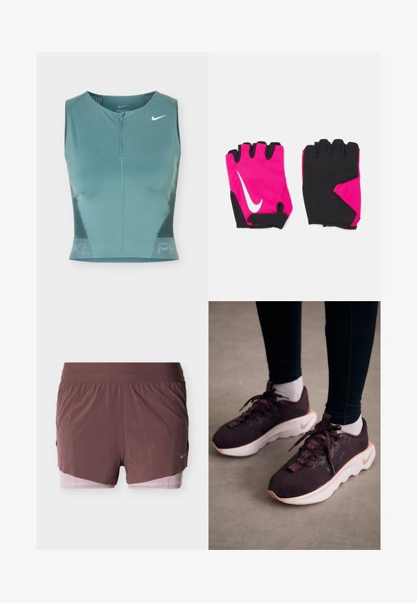 Mouwloos turquoise sportief cropped topje met een ritssluiting aan de voorkant, mesh zijpanelen en een wit Nike-swooshlogo op de bovenste linkerborst.; Korte broek in diep mauve met een lichtgewicht ontwerp, voorzien van een brede tailleband en een roze binnenvoering. Heeft een klein logodetail aan de zijkant.; Bordeauxrode sportschoenen met een gewoven bovenwerk, witte zool en zwart Nike-logo. Voorzien van ronde veters en patroonvormige veterlussen.; Korte roze handschoenen met zwarte accenten, voorzien van een wit Nike-logo, gewatteerde palmen en een vingerloos ontwerp voor verbeterde grip en flexibiliteit.