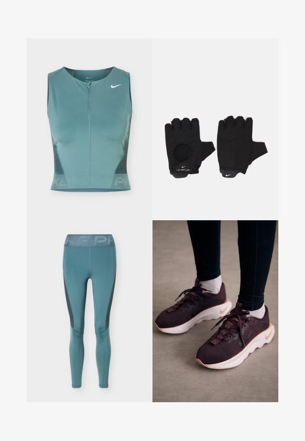 Mouwloos turquoise sportief cropped topje met een ritssluiting aan de voorkant, mesh zijpanelen en een wit Nike-swooshlogo op de bovenste linkerborst.; Blauwe sportleggings met donkerdere zijpanelen en een brede tailleband met een subtiel tekstontwerp.; Bordeauxrode sportschoenen met een gewoven bovenwerk, witte zool en zwart Nike-logo. Voorzien van ronde veters en patroonvormige veterlussen.; Zwarte vingerloze handschoenen met een gestructureerd ontwerp. Gemaakt van een ademend materiaal, met een duimopening en versterkte palm voor grip.