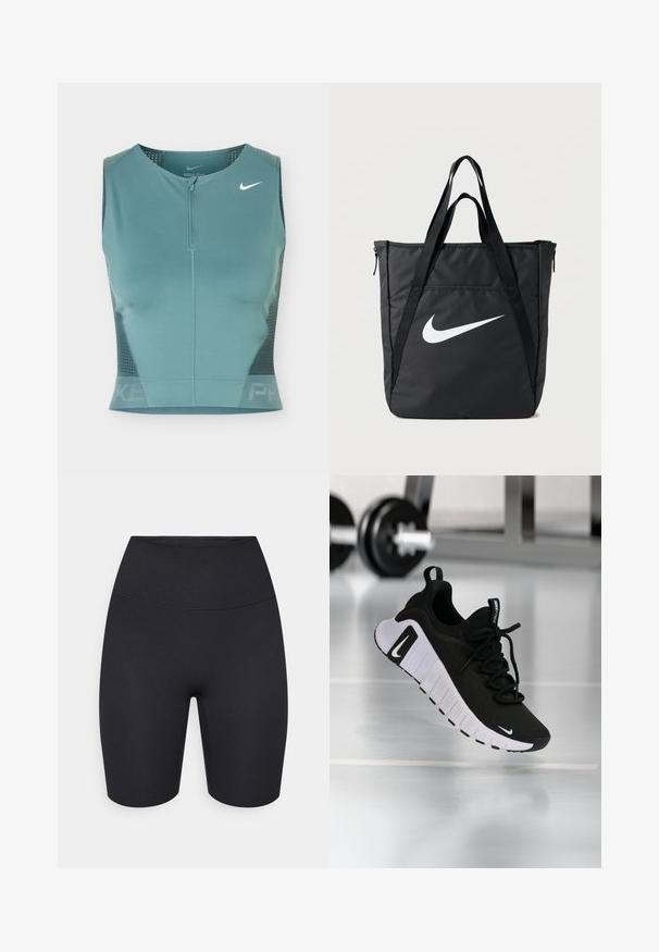 Haut court de sport sans manches de couleur turquoise avec fermeture éclair à l'avant, panneaux latéraux en mesh et logo Nike swoosh blanc sur la partie supérieure gauche de la poitrine.; Shorts de vélo noirs taille haute en tissu extensible, avec une texture lisse et sans éléments visibles ni ornements.; Chaussure de sport noire avec une tige en tissu texturé, une semelle blanche et un système de laçage prononcé. Présente un logo Nike et un design doux et rembourré.; Sac fourre-tout en nylon noir avec deux bretelles, doté d'un grand logo blanc Nike, fermeture éclair, et un design rectangulaire élégant.
