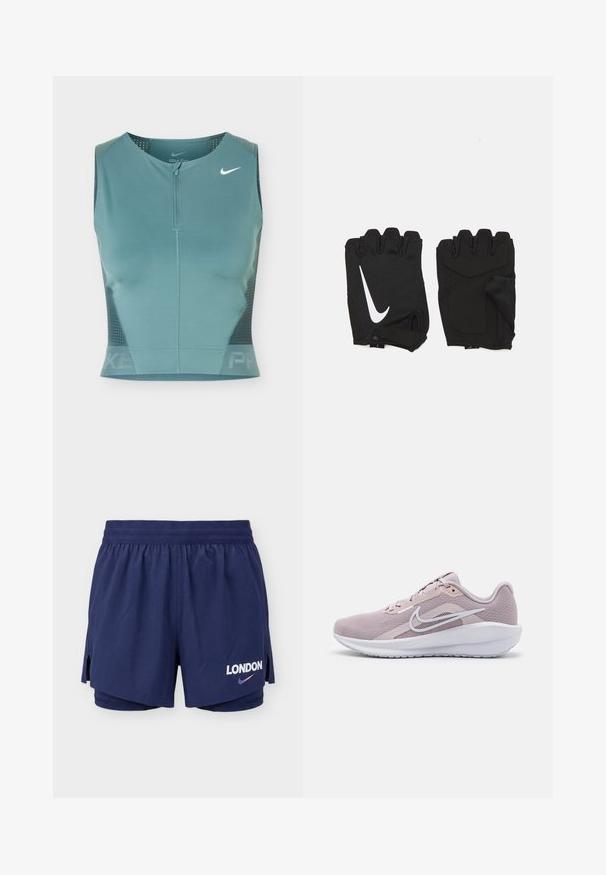 Haut court de sport sans manches de couleur turquoise avec fermeture éclair à l'avant, panneaux latéraux en mesh et logo Nike swoosh blanc sur la partie supérieure gauche de la poitrine.; Short de course superposé bleu marine avec ceinture élastique, fentes latérales et inscription "LONDON" avec le logo Nike sur la jambe avant droite.; Baskets de sport rose clair avec une tige en mesh respirante, des accents blancs, un col rembourré et une semelle en caoutchouc texturé pour une meilleure adhérence.; Gants de gym sans doigts noirs en tissu respirant, avec un logo blanc Nike, des paumes rembourrées et un design ouvert au niveau du poignet pour plus de flexibilité.