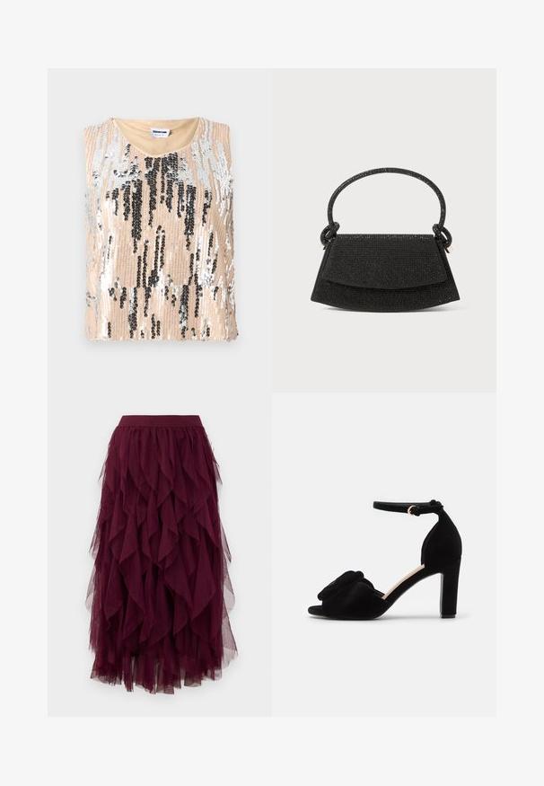 Haut pailleté avec une base beige et des motifs verticaux noirs et argentés, sans manches, et un col rond. Texture lisse.; Jupe midi en tulle superposé de couleur violet foncé, avec une taille élastique et des panneaux de tissu à volants qui tombent en cascade.; Sandales à talons en suede noir avec un bout ouvert, présentant un accent de nœud décoratif à l'avant et une bride de cheville avec une boucle dorée.; Sac à main noir avec une forme structurée, un matériau texturé, une poignée nouée et une fermeture à rabat. Présente un léger éclat et un matériel minimal.
