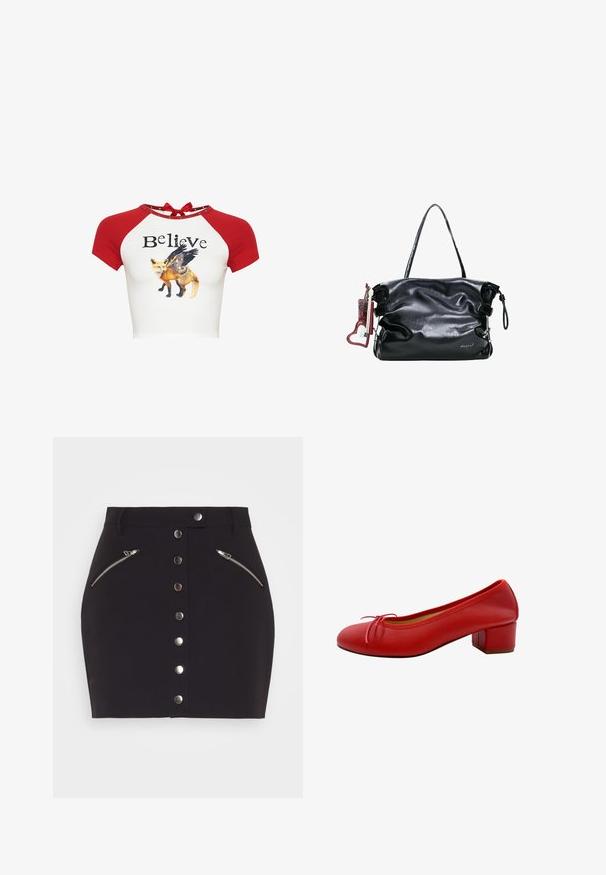Wit crop top met rode raglanmouwen, de tekst "Believe" en een afbeelding van een vos met vlindervleugels op de rug.; Samsøe Samsøe JOLINA SKIRT - Minirok - black; Rode leren schoen met blokhak en ronde neus, met een strikaccent aan de voorkant en een gladde textuur. Zachte voering zichtbaar aan de binnenkant.; Zwarte leren handtas met dubbele handvatten, zijgespen en een rood hartvormige sleutelhanger bevestigd aan één kant.