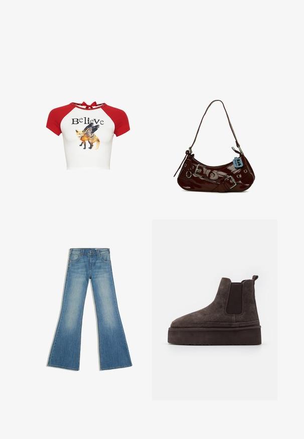 Weißes Crop-Top mit roten Raglanärmeln, dem Schriftzug „Believe“ und einer Grafik eines Fuchses mit Schmetterlingsflügeln am Rücken.; Blaue Denim-Jeans mit ausgestelltem Bein, Vordertaschen und Knopfverschluss, gezeigt vor weißem Hintergrund.; Braune Wildleder Chelsea-Stiefel mit elastischen Seitenpaneelen und einer dicken, strukturierten Plattformsohle. Mit einem Ziehband an der Ferse für ein einfaches An- und Ausziehen.; Bordeauxfarbene Lacklederhandtasche mit geschwungener Form, silbernen Hardware-Details und einer dekorativen Schnalle. Verfügt über einen kurzen Tragegurt und einen Reißverschluss.
