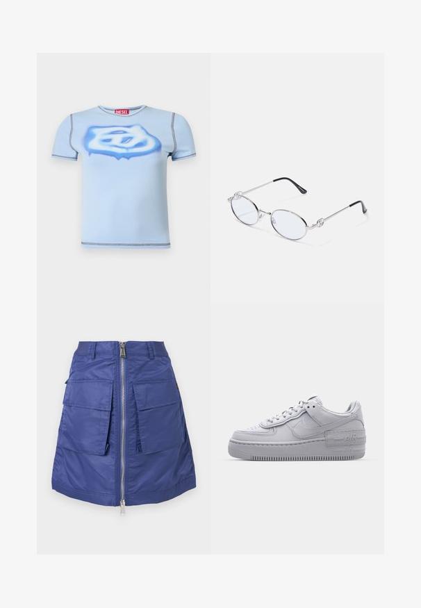 Lyseblå t-shirt med korte ærmer og mørk syning, en hvid og blå graffiti-stil logo foran, og et rødt Diesel-mærke ved kraven.; Mørkeblå nederdel lavet af nylon med lynlås i front. Har to store påsyede lommer og en struktureret silhuet. Glat tekstur.; Grå Nike Air Force 1 sneakers med perforeret tå, glat læderoverdel, tyk sål og præget 'AIR' detalje på hælen.; Sølvmetal ovale briller med klare linser, prydet med dekorative sideaccenter og sorte spidser på stængerne for bedre greb og komfort.