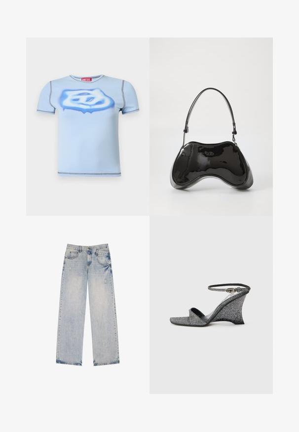 Hellblaues T-Shirt mit kurzen Ärmeln und dunklen Nähten, einem weiß-blauen Graffiti-Logo auf der Vorderseite und einem roten Diesel-Label am Kragen.; Helle blaue Jeans im Straight-Leg-Design mit abgetragenen Akzenten, fünf Taschen und sichtbaren Nähdetails.; Silberne Keilsandale mit Glitzereffekt, offenem Zehenbereich, Knöchelriemen und goldener Schnalle, seitlich auf hellem, schlichten Hintergrund gezeigt.; Schwarze Handtasche aus lackiertem Leder mit einer einzigartigen, geschwungenen Form, kurzem verstellbarem Griff und einem Reißverschluss oben. Glatte Textur mit dezentem Branding.