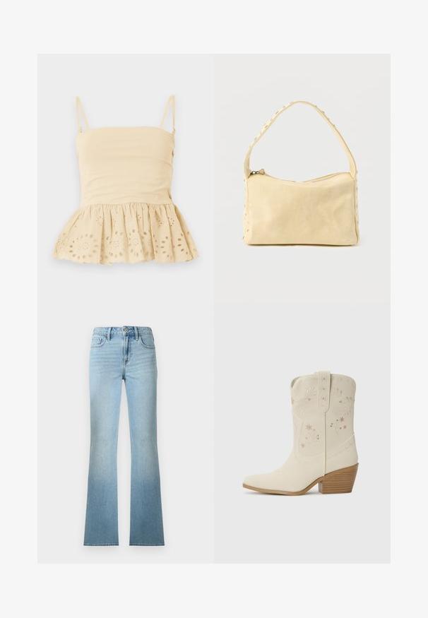Haut beige sans manches avec fines bretelles réglables et un ourlet à volants featuring des motifs floraux découpés brodés.; Jean denim bleu clair taille haute à jambes droites avec poches avant et arrière, fermeture à boutons et passants pour ceinture.; Botte de cowboy en cuir blanc avec broderies florales, pointe effilée et talon en bois empilé. Présente des coutures décoratives sur le tige.; Petit sac à main en cuir beige avec une seule bandoulière et des clous argentés le long des bords et de la bandoulière, posé sur un fond uni.