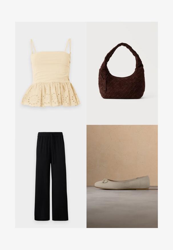 Beige ærmeløs top med tynde justerbare stropper og en flæset kant med broderede blomsterudskæringsmønstre.; Sorte vide benbukser med elastisk talje og justerbar snor. Glat stof uden synlige mønstre eller accenter.; Beige balletsko lavet af ribbet stof med rund tå og sløjfedetalje foran samt en tynd, fleksibel sål.; Mørkebrun vævet skuldertaske i læder med blød, afrundet form og bred hank, med et lille fastgjort lædermærke.