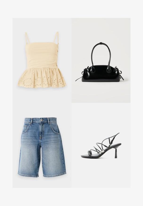 Haut beige sans manches avec fines bretelles réglables et un ourlet à volants featuring des motifs floraux découpés brodés.; Shorts en denim bleu clair avec une coupe droite, cinq poches et quincaillerie en bronze. Présente un ourlet effiloché et une texture délavée.; Sandale noire à talon haut avec fines lanières courbées, accents argentés et boucle de cheville réglable sur fond blanc.; Petit sac à main noir brillant avec deux longues anses et des détails à cordon sur les côtés sur un fond clair uni.
