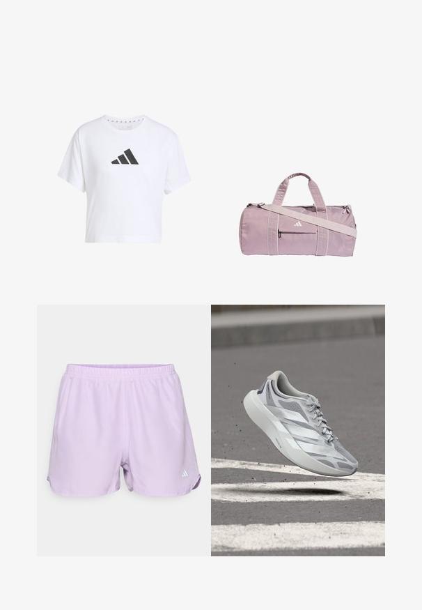 Λευκό κοντό μπλουζάκι από βαμβάκι με μαύρο λογότυπο τριών ρίγων στο μπροστινό μέρος, με κοντά μανίκια και στρογγυλή λαιμόκοψη.; Λιλά αθλητικά σορτς με ελαστική μέση, ύφασμα που απορροφά την υγρασία, και ένα μικρό λευκό λογότυπο στη κάτω δεξιά πλευρά.; Ανοιχτό γκρι και λευκό παπούτσι τρεξίματος στον αέρα πάνω από άσφαλτο με λευκές διαγραμμίσεις δρόμου, που δείχνει κομψό σχεδιασμό και μαξιλαρωμένη σόλα.; Ανοιχτό μοβ τσάντα duffel από γυαλιστερό υλικό, με δύο λαβές, αποσπώμενο λουρί ώμου και μπροστινή τσέπη με φερμουάρ και λογότυπο.