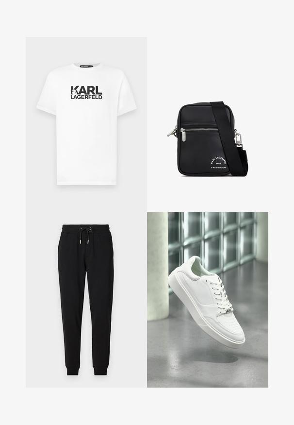 Hvid bomulds t-shirt med korte ærmer, prydet med et sort grafisk design af teksten "KARL LAGERFELD" og et silhuetlogo.; Sorte sweatpants med elastisk talje, justerbar snor, sidelommer og tapered ben. Fremstillet af blødt, strækbart stof.; Hvid sneakers i læder med rundet snude, snørelukning foran og flad gummisål. Har perforerede detaljer og subtilt logoaccent.; Sort læder crossbody taske med sølvhardware, en lynlåslomme, en tekstureret overflade og fremtrædende hvid branding på forsiden.