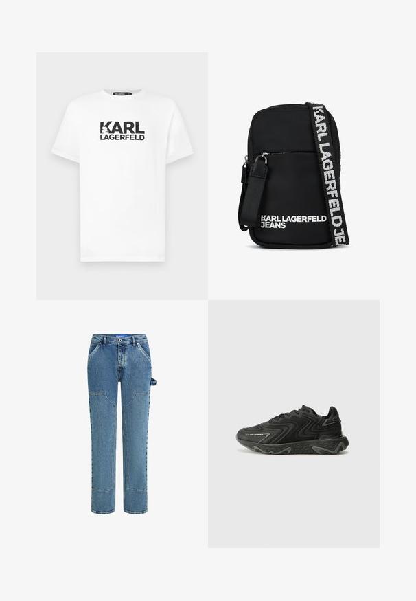Hvid bomulds t-shirt med korte ærmer, prydet med et sort grafisk design af teksten "KARL LAGERFELD" og et silhuetlogo.; Blå denimjeans med et lige ben-design, der har kontrastfyldte lapper, to forlommer og en synlig løkke-detalje på siden.; Sorte sneakers med en bølget tekstur og grå detaljer. Har en snørebåndsdesign og en chunky, skulptural sål. Branding er synlig på siden.; Sort stof crossbody tas med rektangulær form, der har en lynlåslukket frontlomme og en kontrasterende logo-rem i hvid.