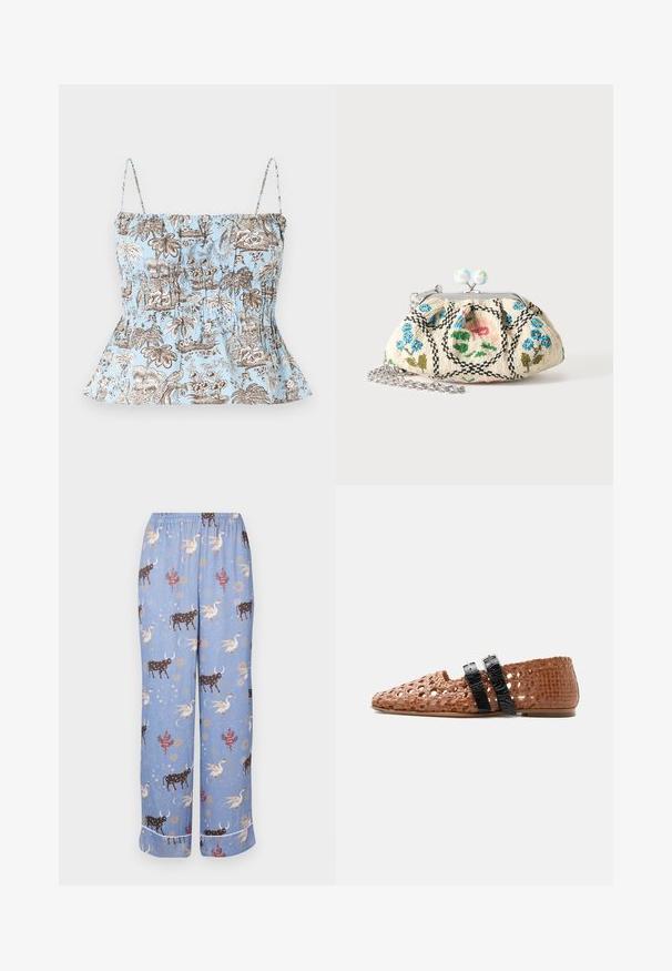 Top azul claro sin mangas con tirantes finos, con estampados tropicales de flores y palmeras en tonos marrón y blanco, y un dobladillo ligeramente acampanado.; Pantalones de pijama azules con un patrón caprichoso que presenta vacas, criaturas míticas y elementos celestiales; cinturilla elástica y piernas anchas.; Zapato plano tejido marrón con dos correas negras con hebilla en la parte superior y puntera y talón cerrados.; Pequeño bolso de tela con cierre, bordado floral con cuentas, marco metálico y correa de cadena plateada sobre un fondo liso y claro.