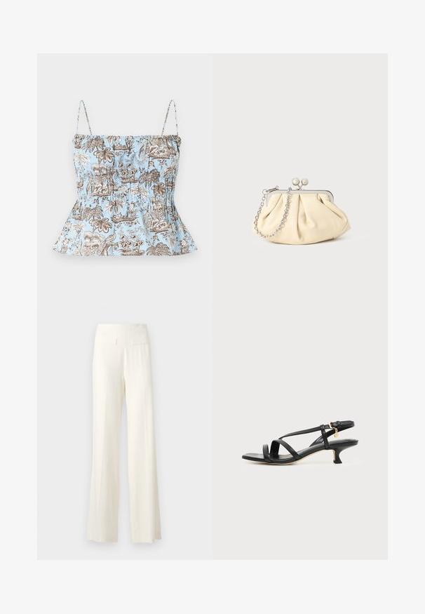 Haut bleu clair sans manches avec fines bretelles, présentant des motifs tropicaux fleuris marron et blancs ainsi que des palmiers, avec un ourlet légèrement évasé.; Pantalons larges en ivoire avec un tissu texturé, présentant de subtils rayures verticales et deux poches arrière.; Sandale noire en cuir à brides fines, talon bas kitten, boucle à la cheville et petit pendentif doré sur fond clair uni.; Pochette en cuir beige plissé avec un cadre en métal argenté, dotée de deux fermoirs ronds décoratifs et d'une chaîne en argent.