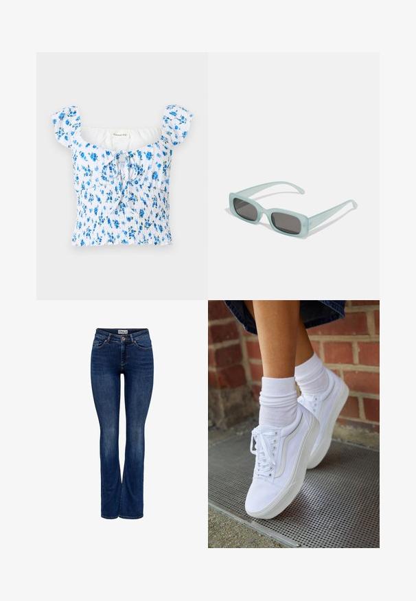 Λευκό crop top με σούρα και μπλε φλοράλ σχέδιο, κοντά μανίκια με φουσκωτό στυλ, τετράγωνο ντεκολτέ και λεπτομέρεια δέσιμου στο μπροστινό μέρος.; Σκούρο μπλε τζιν παντελόνι με ελαφριά ξεθώριασμα, σχέδιο πέντε τσεπών, κλείσιμο με κουμπί και ίσια μπότα, με την ετικέτα "ONLY" στη μέση.; Λευκά καμβά παπούτσια με καουτσούκ σόλες, που διαθέτουν έξι τρυπούλες, στρογγυλή μύτη και λεπτομέρειες από ελαφριά ραφή, σε συνδυασμό με λευκές κάλτσες μέχρι τον αστράγαλο.; Ενα ζευγάρι ορθογώνια γυαλιά ηλίου με ανοιχτό μπλε ημιδιαφανείς σκελετούς και σκούρους γκρι φακούς, διαθέτοντας ίσιες βραχίονες και ελάχιστες λεπτομέρειες υλικών.