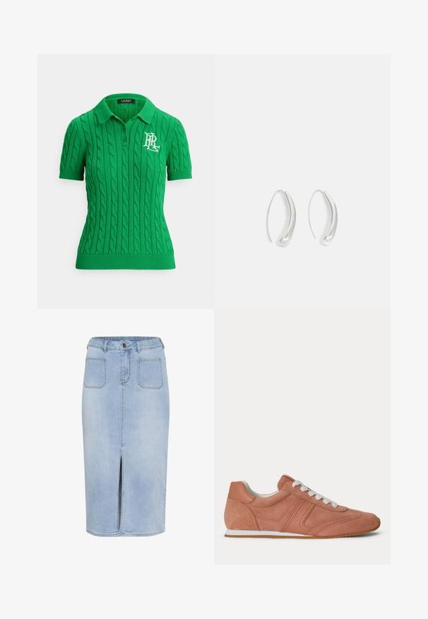 Zelené pletené polo tričko s vrkočovým vzorom, krátkymi rukávmi a rebrovaným golierom. Na prednej strane je vyšívané biele logo.; Svetlomodrá denim midi sukňa s predným rozparkom, piatimi vreckami a priliehavým pásom s pútkami na opasok a gombíkovým zapínaním.; Nízky športový topánok v matnej ružovej farbe s bielymi šnúrkami, prešitým dizajnom a tenkou bielou podrážkou s béžovou gumovou podrážkou.; Strieborné kruhové náušnice s hladkým, zakriveným dizajnom. Disponujú lesklým povrchom a štýlovým, minimalistickým tvarom. Vhodné na rôzne príležitosti.