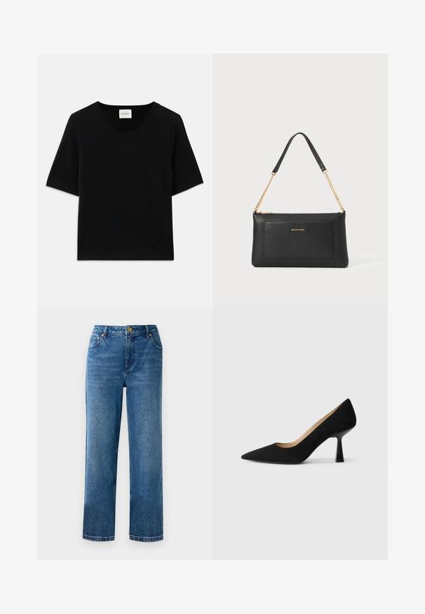 Sort kortærmet strikket top med rund halsudskæring. Har en glat tekstur og ribbede detaljer langs halsudskæringen og ærmerne.; Blå høj talje jeans med lige ben, lavet af denim, med fem lommer og detaljer i guldtonet metal.; Sorte ruskinds højhælede pumps med spids tå, der har en blank sort blokhæl og en glat indvendig foring.; Sort læder clutch med pebble-tekstur, guld kædestrop og en frontlomme. Har et guld logo på forsiden.