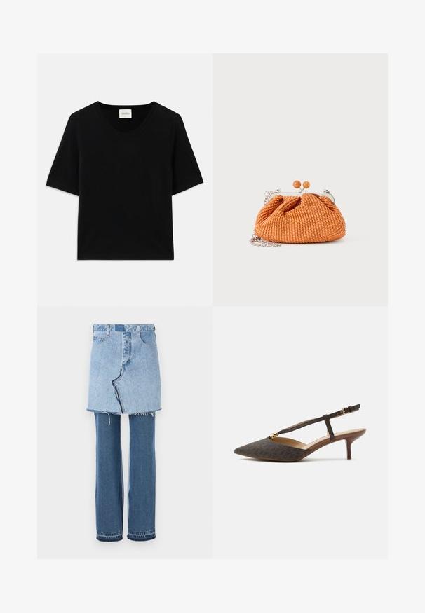 Sort kortærmet strikket top med rund halsudskæring. Har en glat tekstur og ribbede detaljer langs halsudskæringen og ærmerne.; Denim beklædning, der kombinerer en lys blå miniskørt ovenfor og mørkeblå udvidede jeans nedenfor; har frynset kant og klassisk denimtekstur.; Brun spids slingback-hæl med tynde remme og guldfarvet spænde, med en lav, buet kitten-hæl.; Lille orange flettet clutch-pung med sølvmetalramme, rund lukning og en sølvkæde-rem på en hvid baggrund.