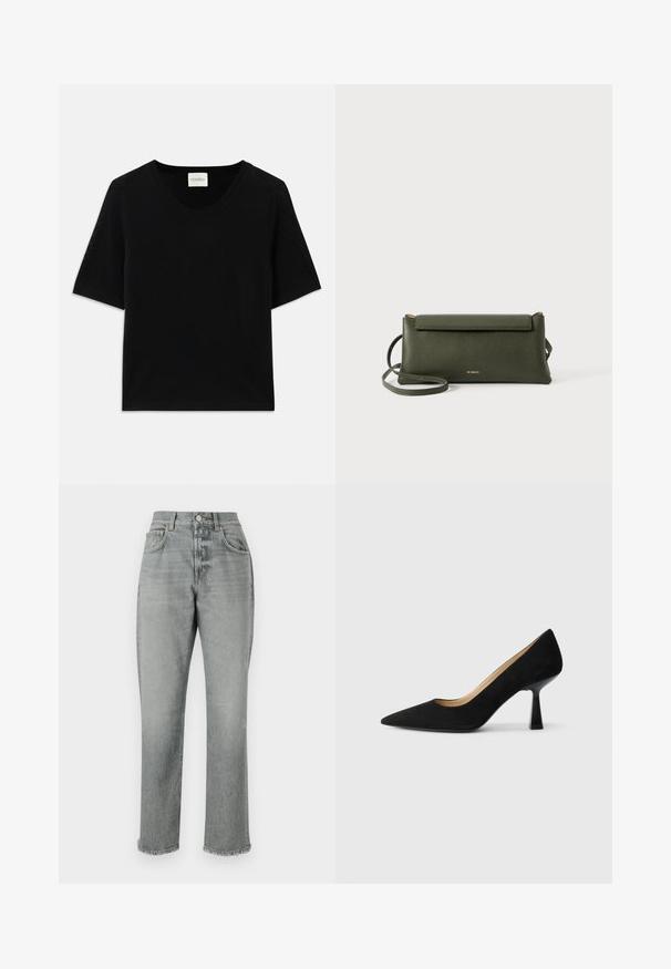 Zwarte gebreide top met korte mouwen en een ronde halslijn. Heeft een soepele textuur en ribbelaccenten langs de halslijn en mouwen.; CLOSED JONTA - Relaxed fit jeans - mid grey; Zwarte suède high-heeled pump met een spitse neus, voorzien van een glanzende zwarte blokhak en een gladde binnenvoering.; Donkergroene textuurleer schoudertas met klep-sluiting en dunne verstelbare schouderband, geïmbosseerd met klein gouden "Bee Projects" logo.