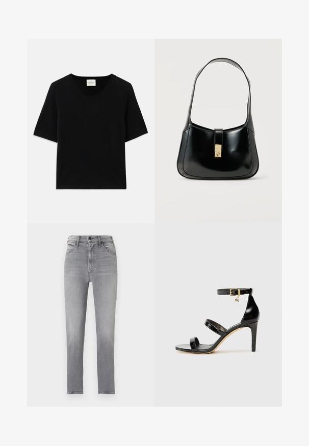 Haut tricot à manches courtes noir avec un col rond. Présente une texture lisse et des accents côtes le long du col et des manches.; Jean gris taille haute coupe slim avec bouton à l'avant, fermeture éclair et design à cinq poches, présenté sur un fond uni.; Sandale en cuir verni noir avec trois brides, boucle de cheville et talon aiguille de 10 cm. Présente un détail en métal doré et un charm logo.; Sac à main en cuir noir brillant avec une seule bandoulière et une fermeture rectangulaire centrale dorée, sur un fond clair uni.