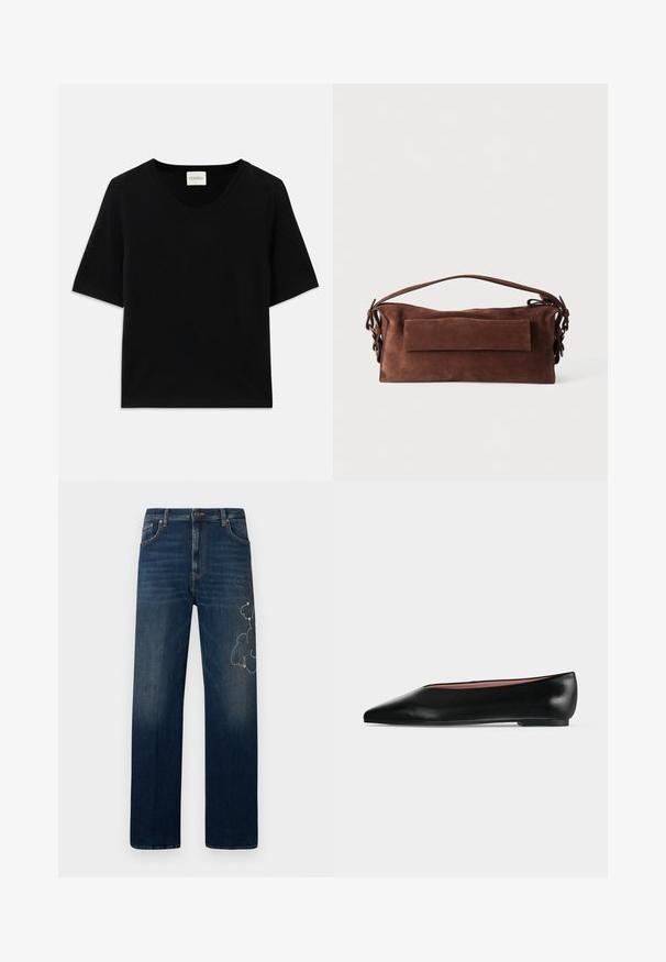 Haut tricot à manches courtes noir avec un col rond. Présente une texture lisse et des accents côtes le long du col et des manches.; Jean bleu foncé en denim, avec une coupe droit. Détail brodé notable sur la cuisse gauche avec des accents décoratifs.; Chaussure plate en cuir noir pour femme, avec bout pointu et petit talon, vue de côté sur un fond gris clair uni.; Sac à main rectangulaire en daim marron avec une poignée supérieure, une poche avant à rabat et des détails à lacets de chaque côté sur un fond uni.