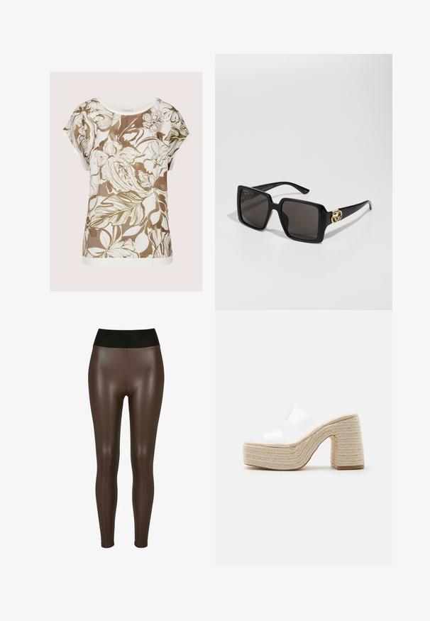 Weiße Bluse mit kurzen Ärmeln, großen Blumen- und Blattmustern in Braun und Beige, rundem Ausschnitt und lockerer Passform.; Braune leggings aus Kunstleder mit einem hohen schwarzen Bund, die eine glatte, glänzende Oberfläche und ein eng anliegendes Design bis zum Knöchel aufweisen.; Plateau-Sandale mit klobigem, gewebtem beigen Absatz und Sohle, mit zwei breiten, durchsichtigen weißen Riemen über dem Fuß.; Schwarze quadratische Sonnenbrillen aus glänzendem Kunststoff mit dunklen Gläsern. Beinhaltet goldene Hardware-Details an den Schläfen.
