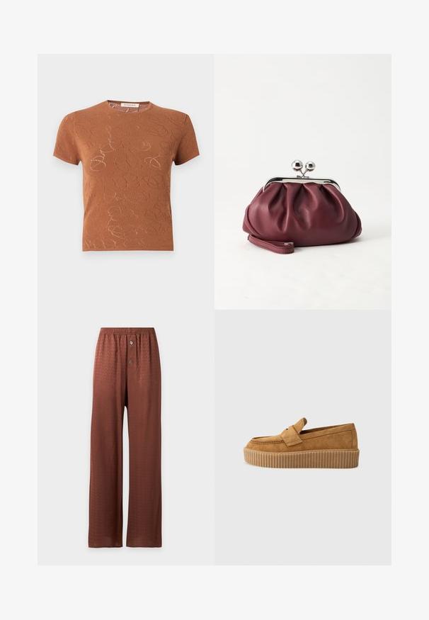 Haut en maille marron à manches courtes avec col rond et motif abstrait perforé subtil sur tout le tissu.; Pantalon marron à jambes larges avec un motif texturé subtil, taille élastique et deux boutons sur le devant de la braguette.; Mocassin en daim brun à bout rond, avec une semelle plateforme striée et une bande décorative sur le dessus.; Petit sac pochette en cuir bordeaux avec fermoir métallique argenté et bracelet sur fond blanc.