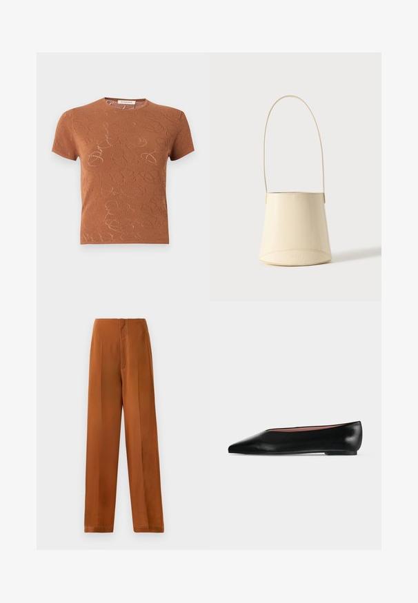 Haut en maille marron à manches courtes avec col rond et motif abstrait perforé subtil sur tout le tissu.; Pantalons à jambes larges d'une couleur brun chaud, avec une texture lisse, une taille haute et des coutures blanches contrastantes le long des coutures.; Chaussure plate en cuir noir pour femme, avec bout pointu et petit talon, vue de côté sur un fond gris clair uni.; Sac à main seau en cuir lisse couleur crème avec une longue bandoulière et un nom de marque discrètement embossé sur fond uni.